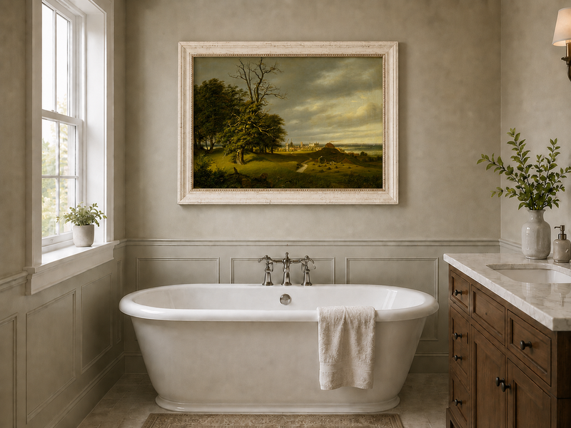 Landscape Oil Painting - Old Oak by Coastal Village and Storm Sky