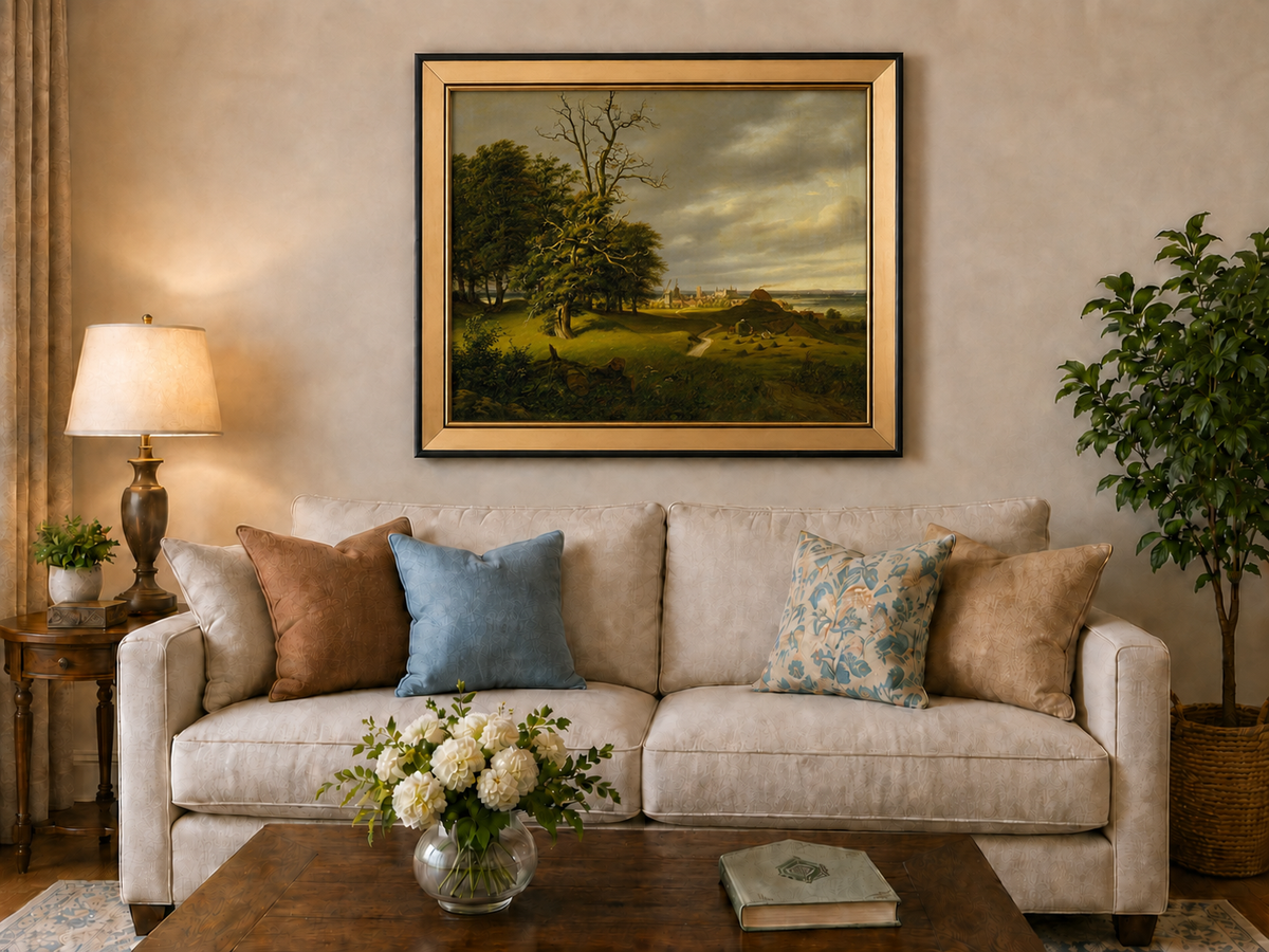 Landscape Oil Painting - Old Oak by Coastal Village and Storm Sky