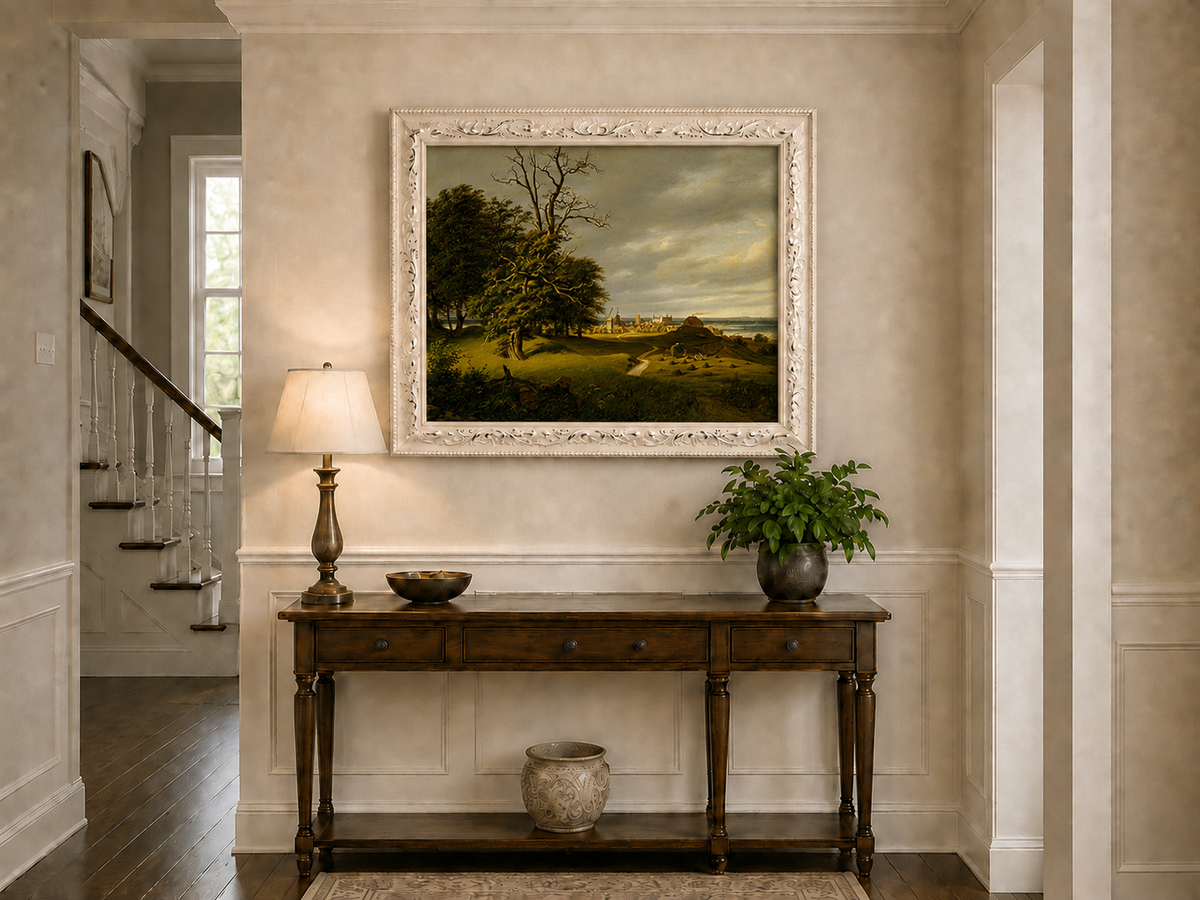 Landscape Oil Painting - Old Oak by Coastal Village and Storm Sky