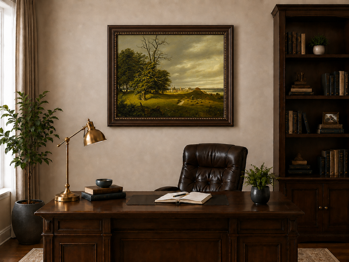Landscape Oil Painting - Old Oak by Coastal Village and Storm Sky