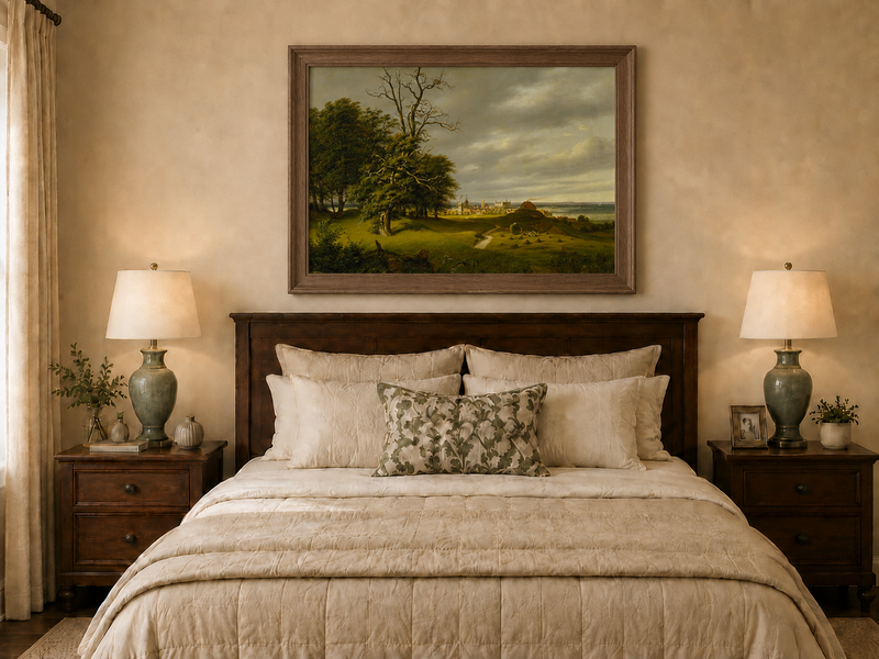 Landscape Oil Painting - Old Oak by Coastal Village and Storm Sky