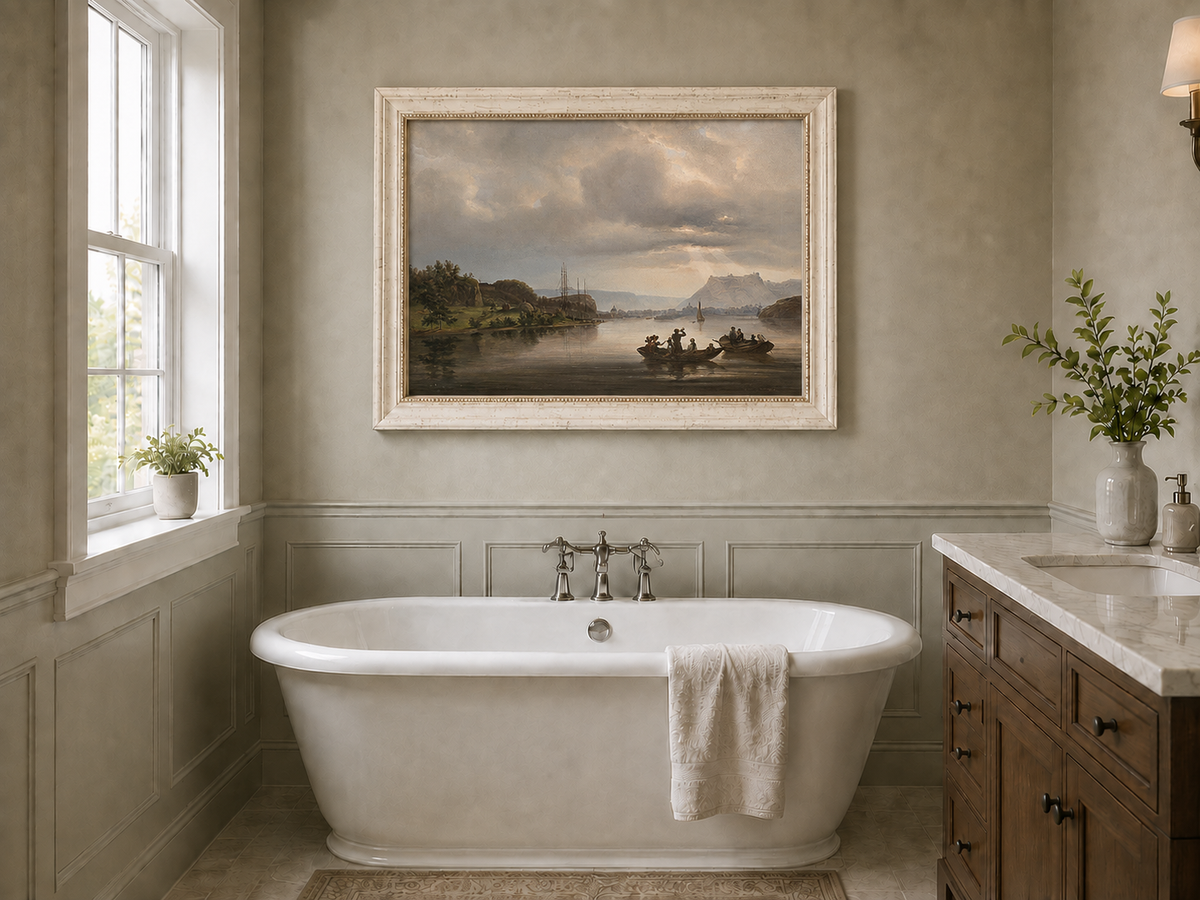 Landscape Oil Painting - Fredrikshald Harbor with Rowboats