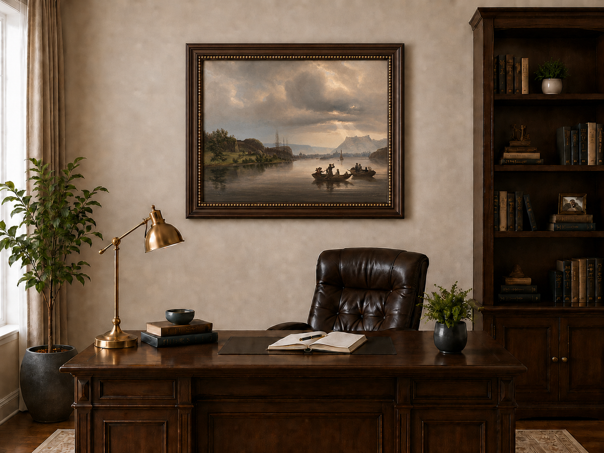 Landscape Oil Painting - Fredrikshald Harbor with Rowboats