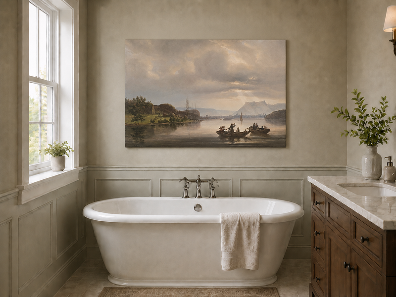 Landscape Oil Painting - Fredrikshald Harbor with Rowboats