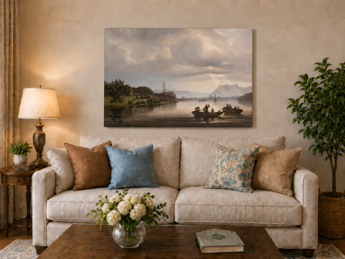 Landscape Oil Painting - Fredrikshald Harbor with Rowboats