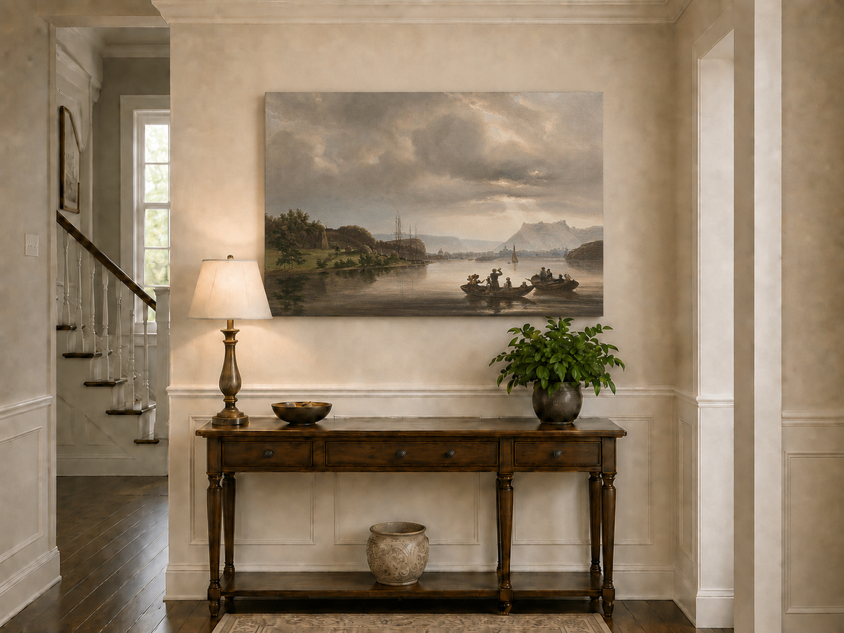Landscape Oil Painting - Fredrikshald Harbor with Rowboats
