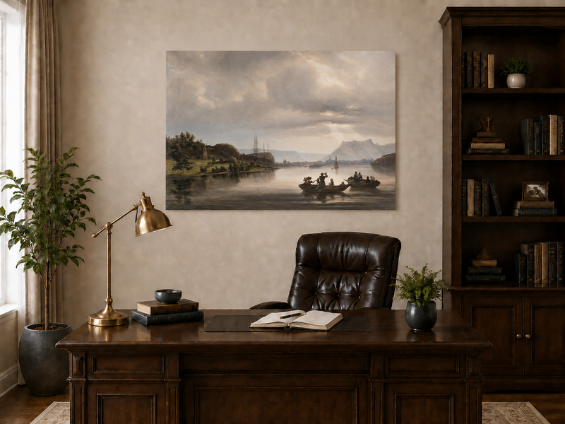 Landscape Oil Painting - Fredrikshald Harbor with Rowboats