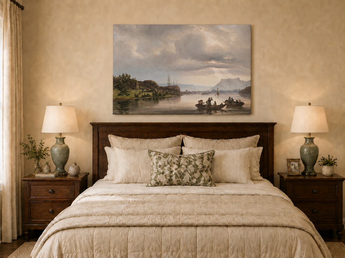 Landscape Oil Painting - Fredrikshald Harbor with Rowboats
