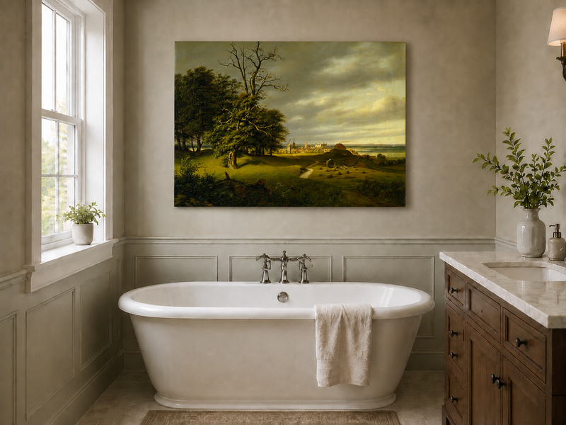 Landscape Oil Painting - Old Oak by Coastal Village and Storm Sky