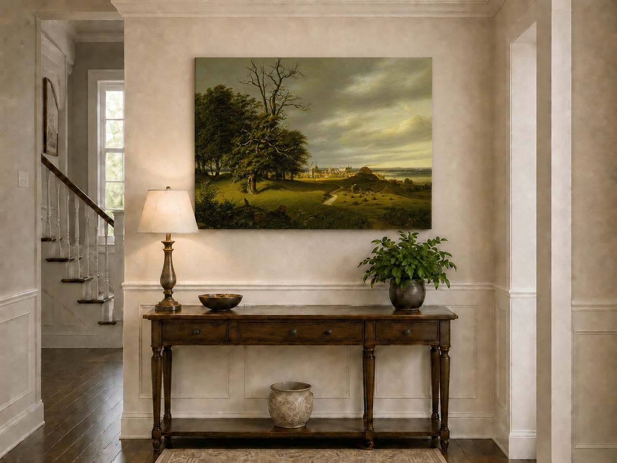 Landscape Oil Painting - Old Oak by Coastal Village and Storm Sky