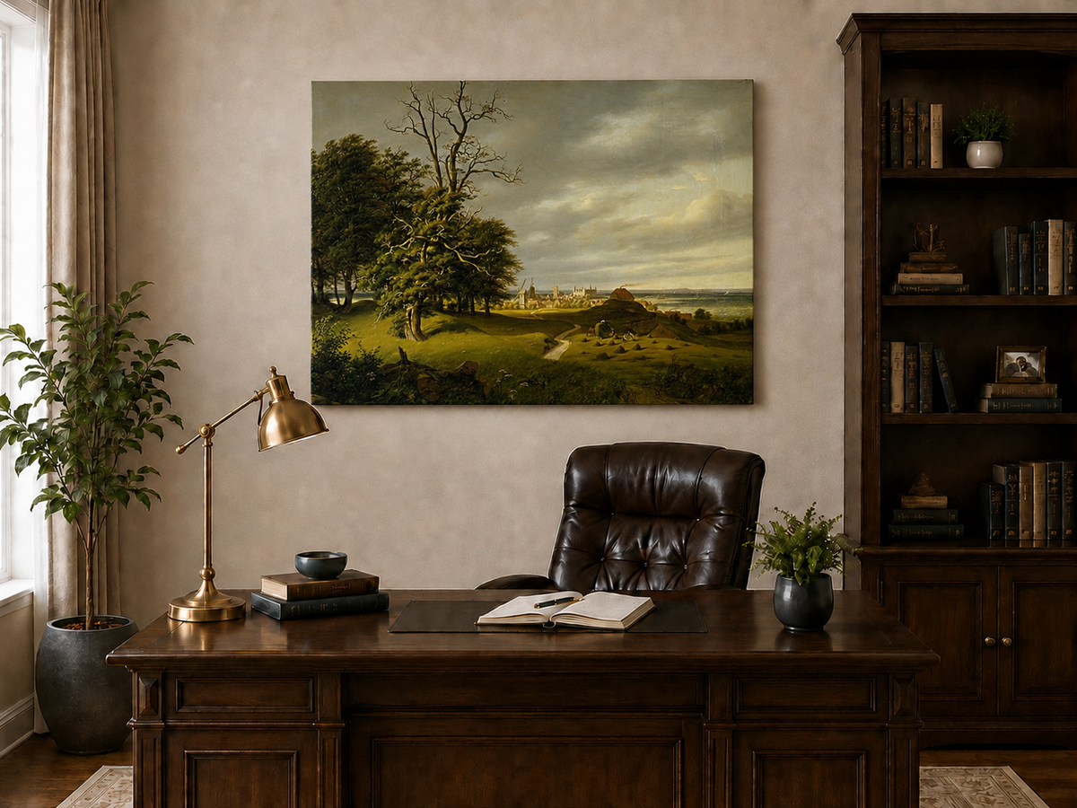 Landscape Oil Painting - Old Oak by Coastal Village and Storm Sky