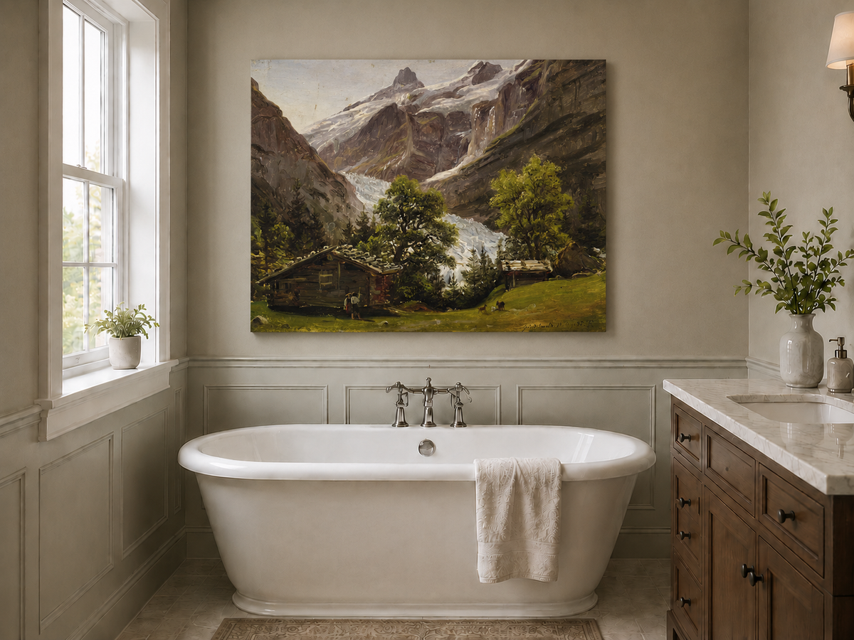 Landscape Oil Painting - Alpine Glacier Valley with Swiss Chalet