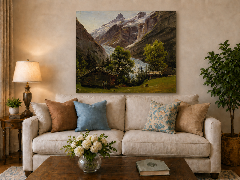Landscape Oil Painting - Alpine Glacier Valley with Swiss Chalet