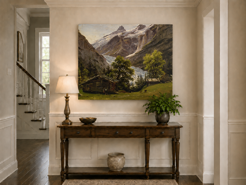 Landscape Oil Painting - Alpine Glacier Valley with Swiss Chalet