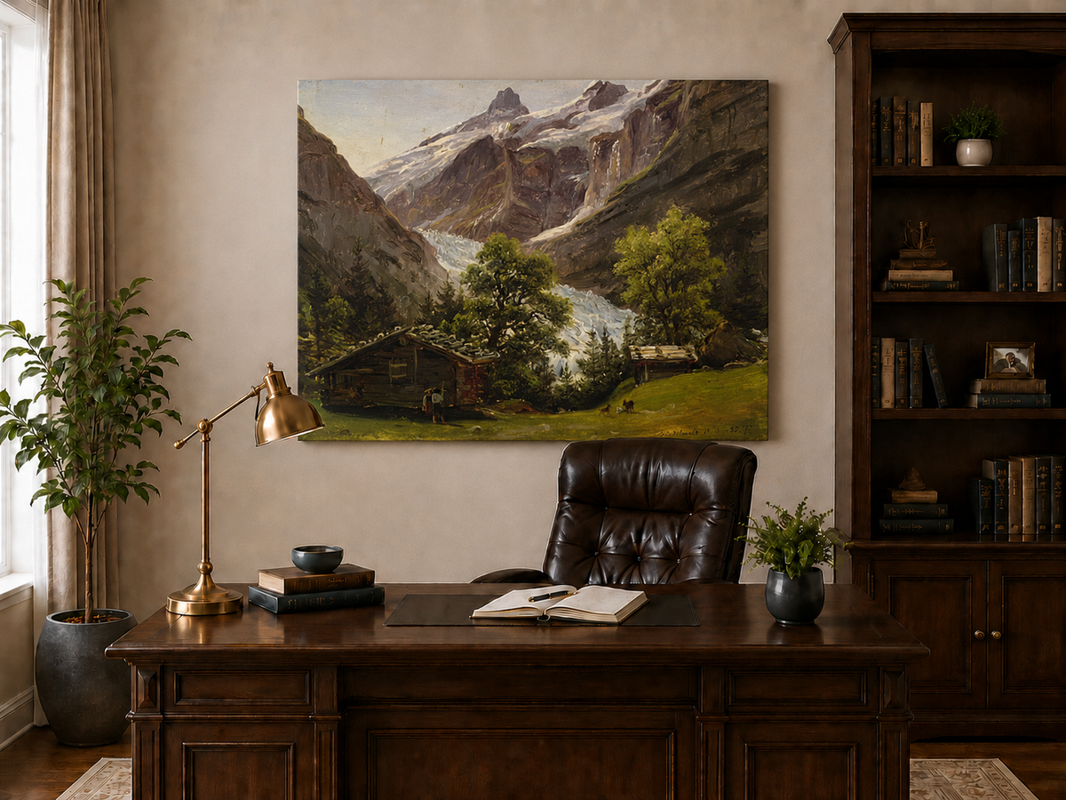 Landscape Oil Painting - Alpine Glacier Valley with Swiss Chalet