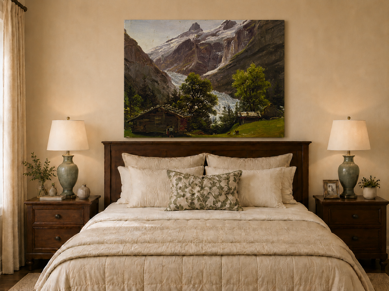 Landscape Oil Painting - Alpine Glacier Valley with Swiss Chalet