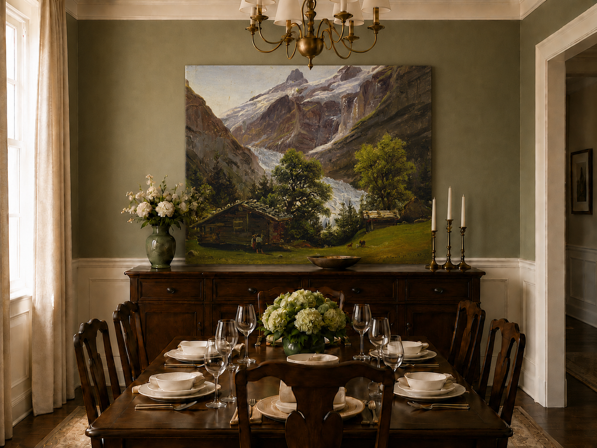 Landscape Oil Painting - Alpine Glacier Valley with Swiss Chalet