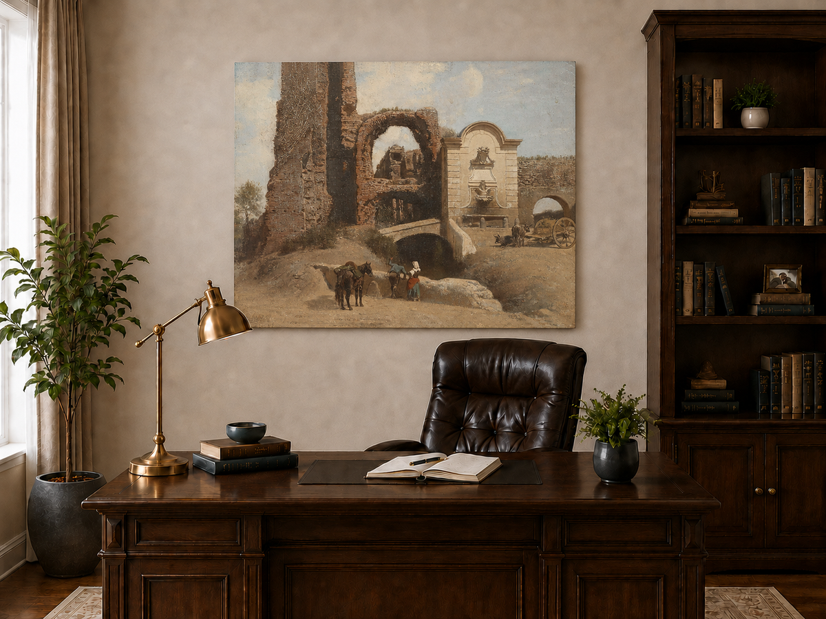 Peinture à l'huile de paysage - Gouffre rocheux spectaculaire avec personnages