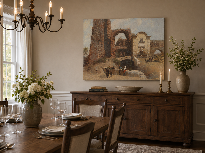 Peinture à l'huile de paysage - Gouffre rocheux spectaculaire avec personnages