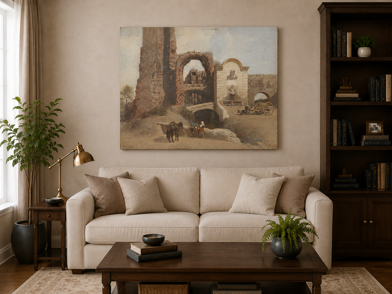 Peinture à l'huile de paysage - Gouffre rocheux spectaculaire avec personnages
