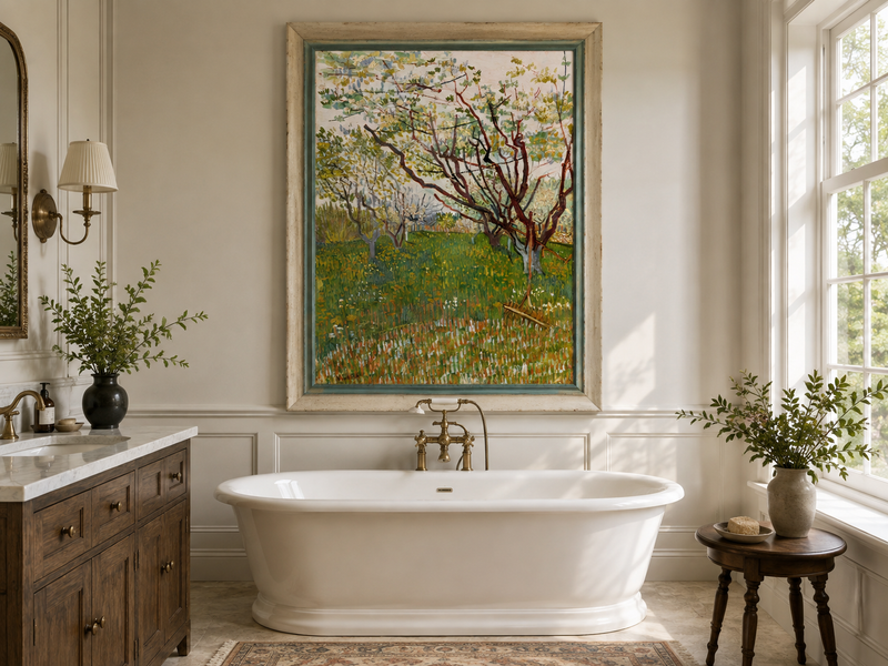 Landscape Oil Painting - Blooming Orchard Trees in Spring Field
