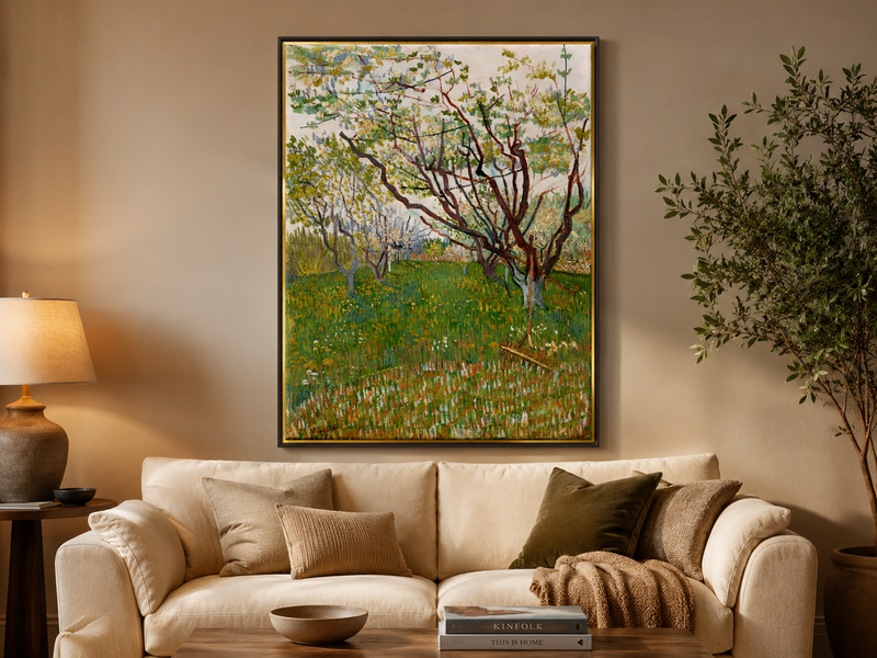 Landscape Oil Painting - Blooming Orchard Trees in Spring Field