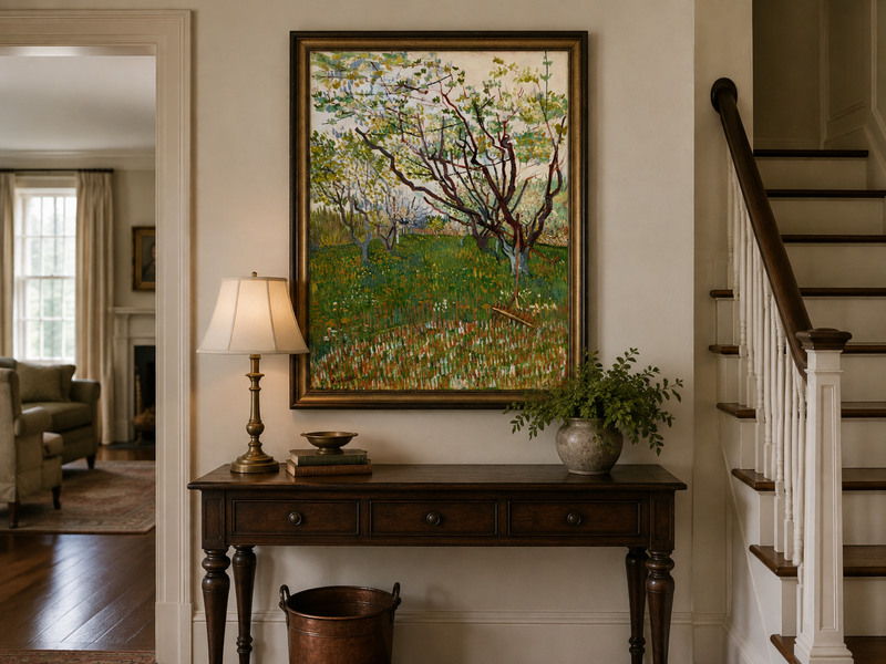 Landscape Oil Painting - Blooming Orchard Trees in Spring Field