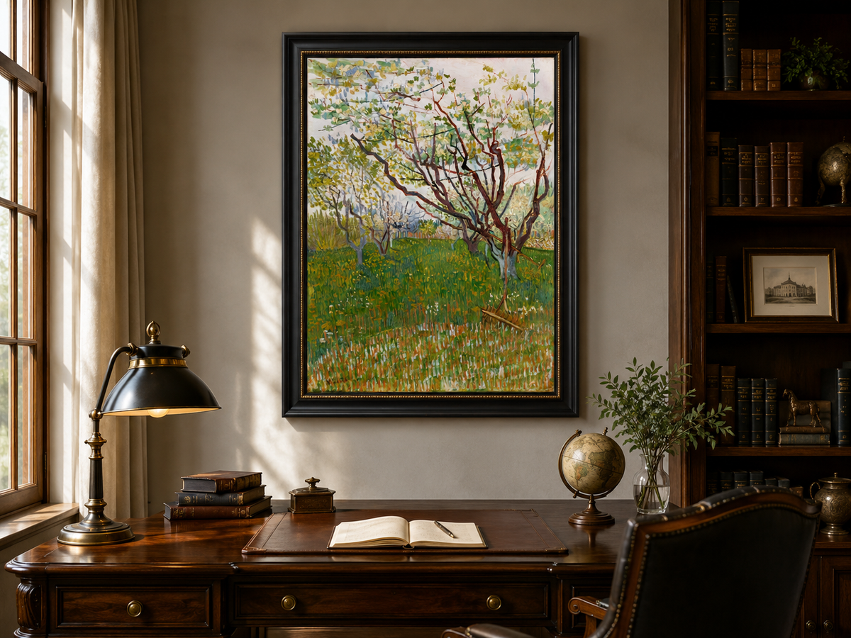 Landscape Oil Painting - Blooming Orchard Trees in Spring Field