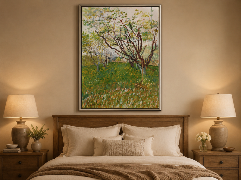 Landscape Oil Painting - Blooming Orchard Trees in Spring Field