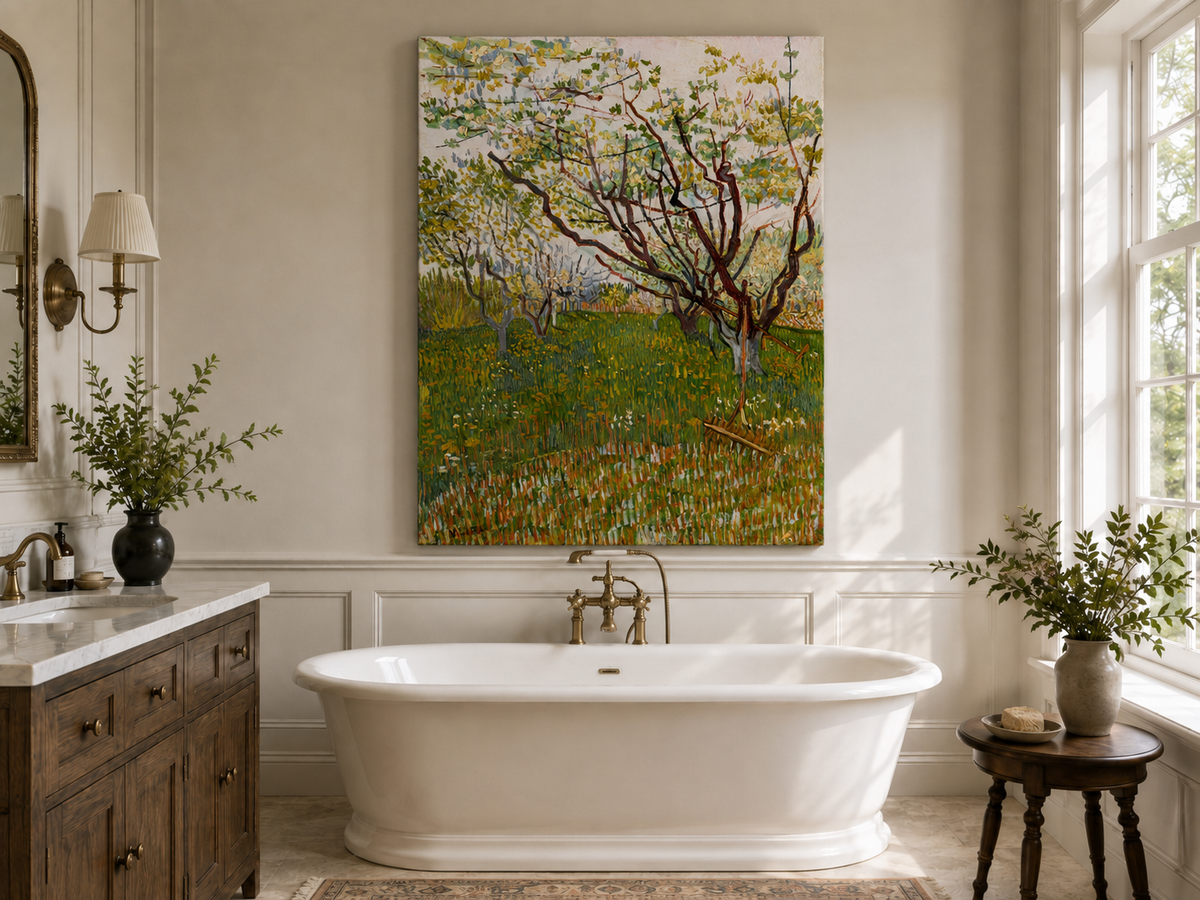 Landscape Oil Painting - Blooming Orchard Trees in Spring Field