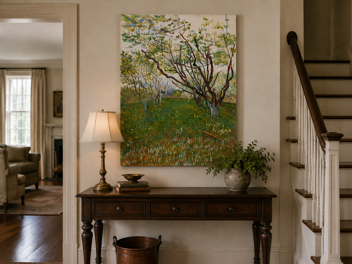Landscape Oil Painting - Blooming Orchard Trees in Spring Field