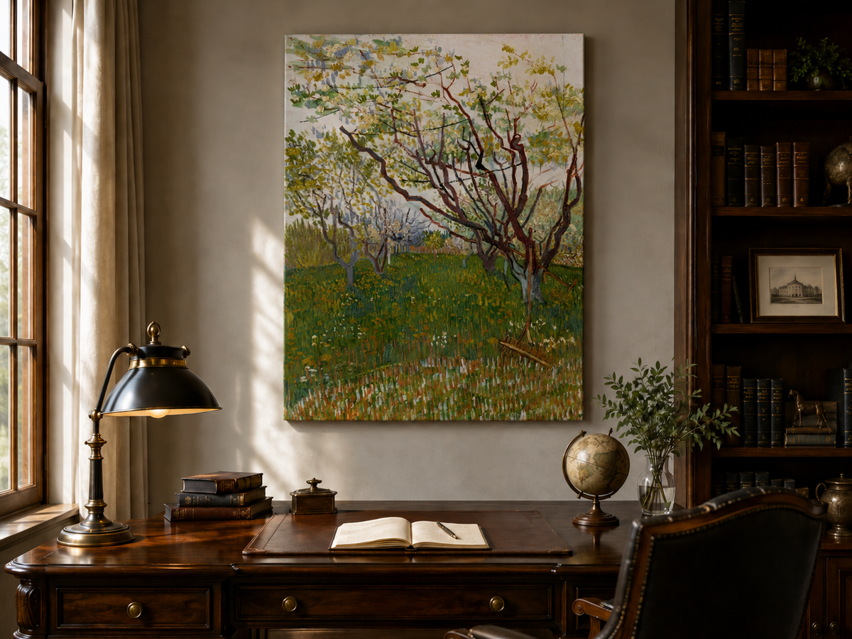 Landscape Oil Painting - Blooming Orchard Trees in Spring Field