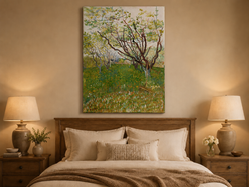 Landscape Oil Painting - Blooming Orchard Trees in Spring Field
