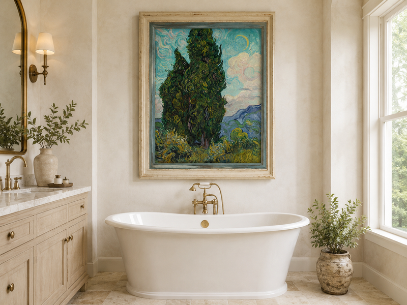 Peinture à l'huile de paysage - Rivière printanière avec pêcheur et arbres