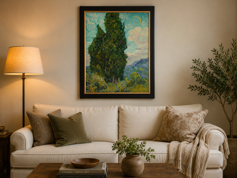 Peinture à l'huile de paysage - Rivière printanière avec pêcheur et arbres