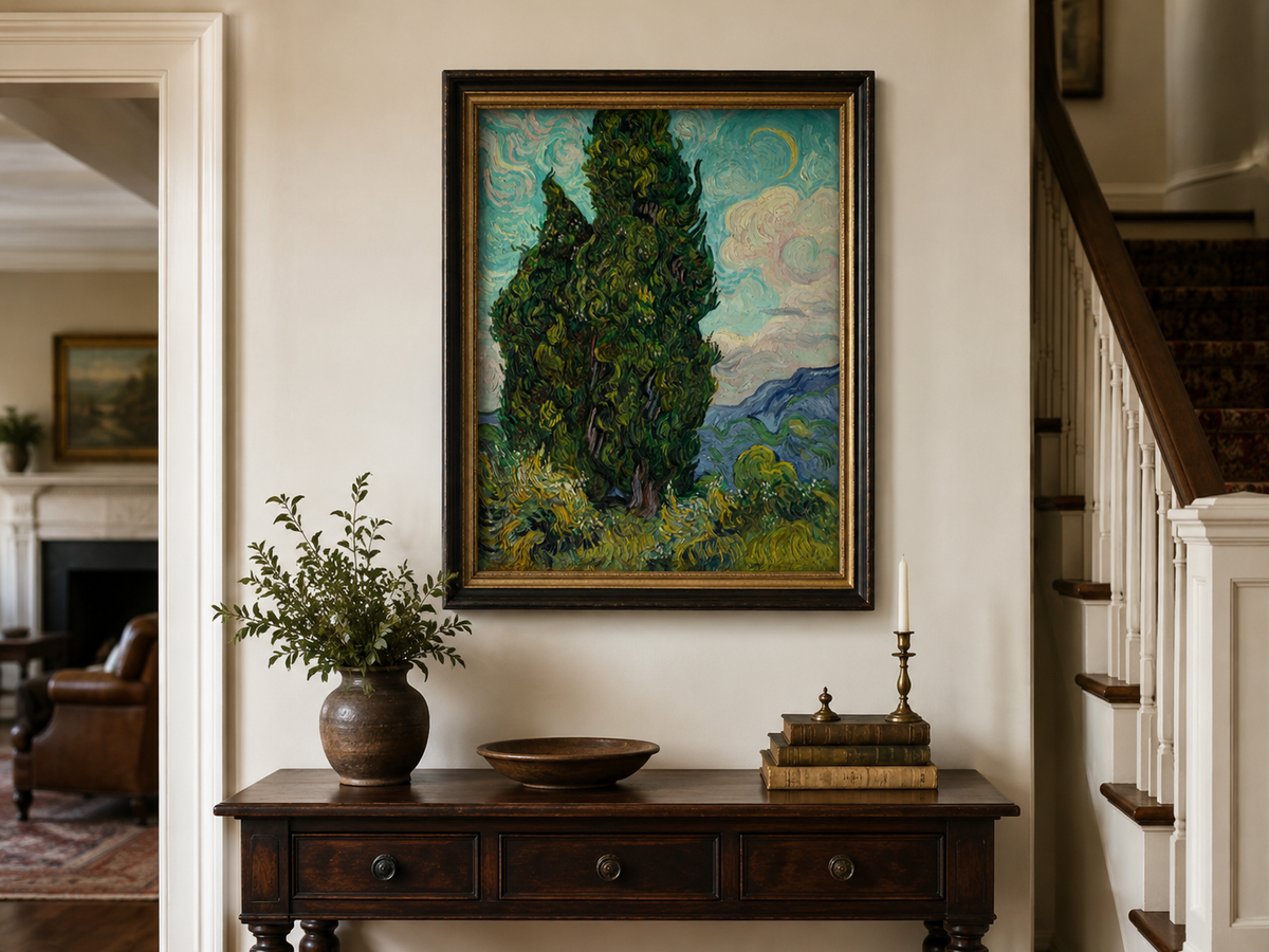 Peinture à l'huile de paysage - Rivière printanière avec pêcheur et arbres