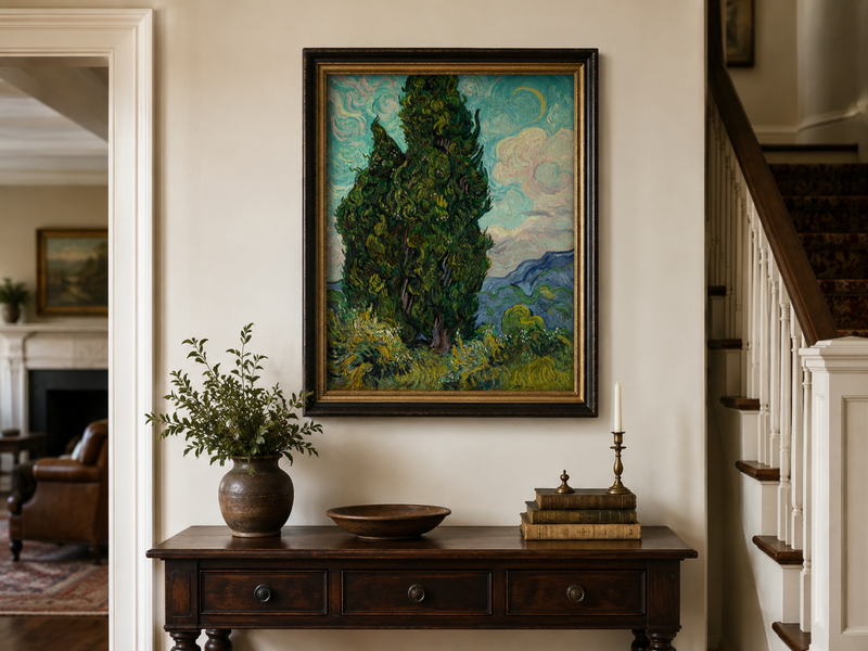Peinture à l'huile de paysage - Rivière printanière avec pêcheur et arbres
