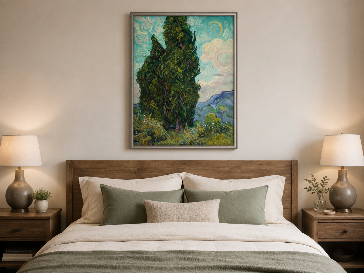 Peinture à l'huile de paysage - Rivière printanière avec pêcheur et arbres