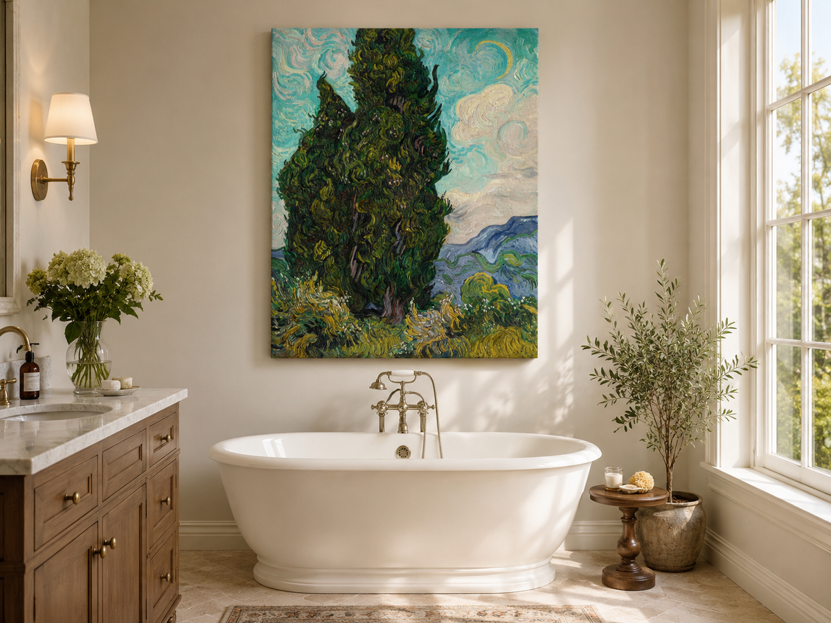 Peinture à l'huile de paysage - Rivière printanière avec pêcheur et arbres