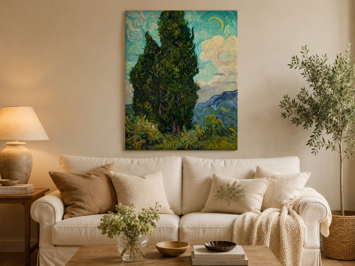 Peinture à l'huile de paysage - Rivière printanière avec pêcheur et arbres