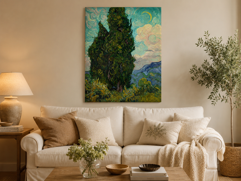 Peinture à l'huile de paysage - Rivière printanière avec pêcheur et arbres