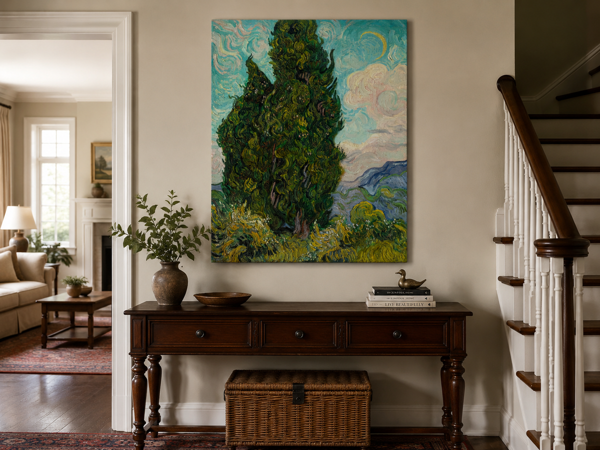 Peinture à l'huile de paysage - Rivière printanière avec pêcheur et arbres