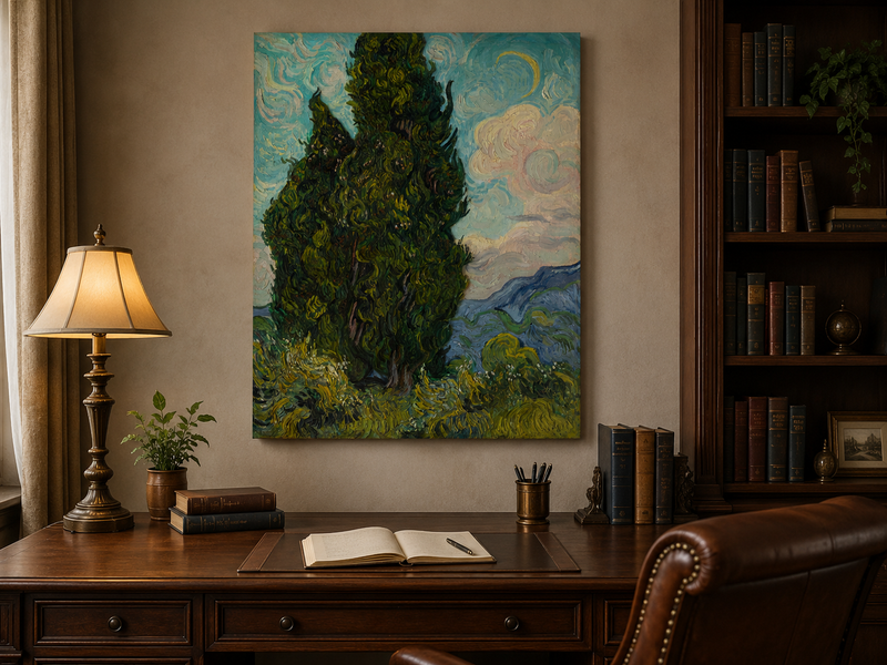Peinture à l'huile de paysage - Rivière printanière avec pêcheur et arbres