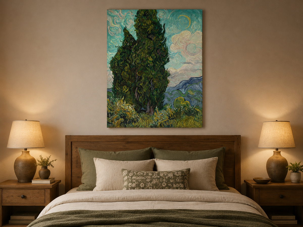 Peinture à l'huile de paysage - Rivière printanière avec pêcheur et arbres