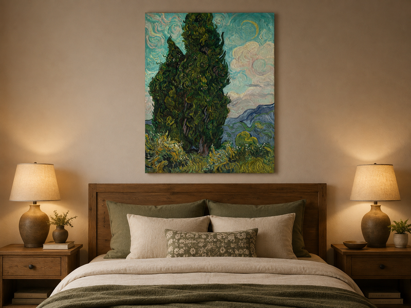 Peinture à l'huile de paysage - Rivière printanière avec pêcheur et arbres
