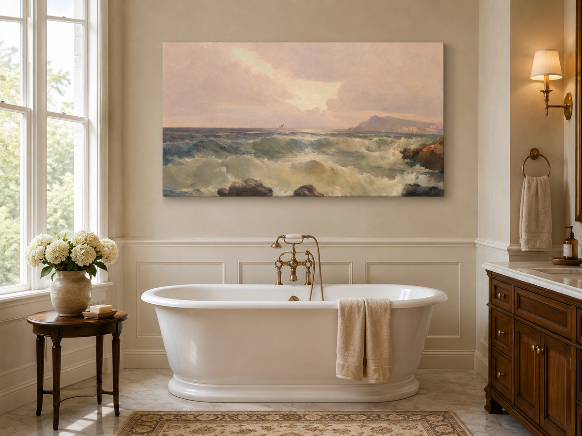 Peinture à l'huile de paysage - Décor océanique et vagues côtières au crépuscule