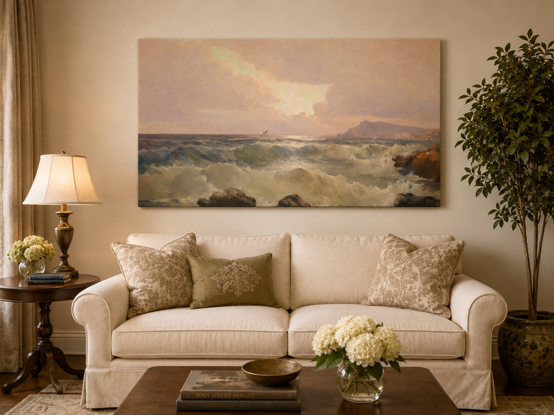 Peinture à l'huile de paysage - Décor océanique et vagues côtières au crépuscule