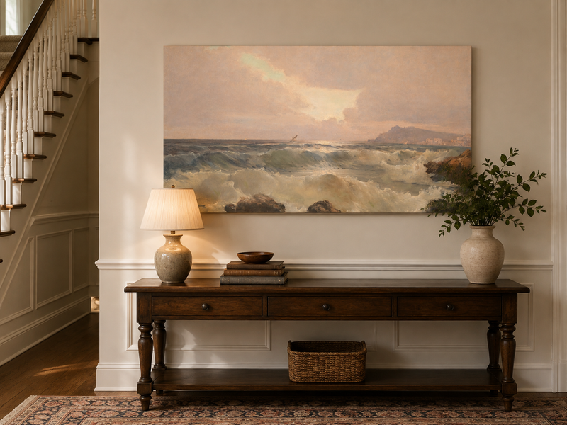 Peinture à l'huile de paysage - Décor océanique et vagues côtières au crépuscule