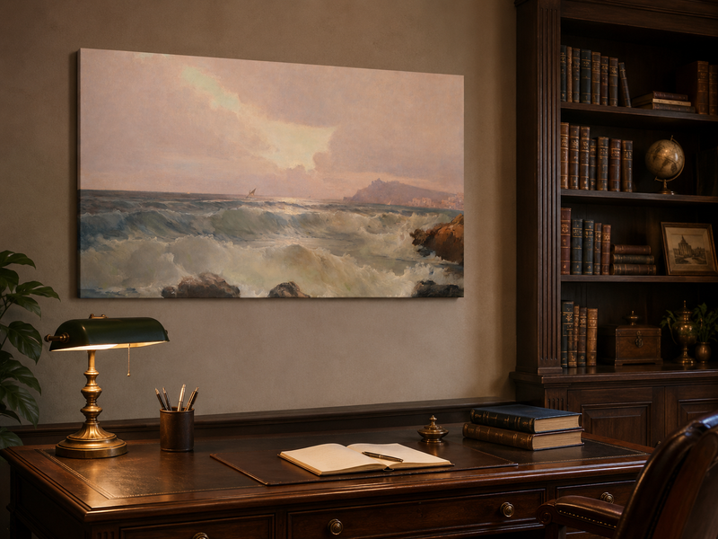 Peinture à l'huile de paysage - Décor océanique et vagues côtières au crépuscule