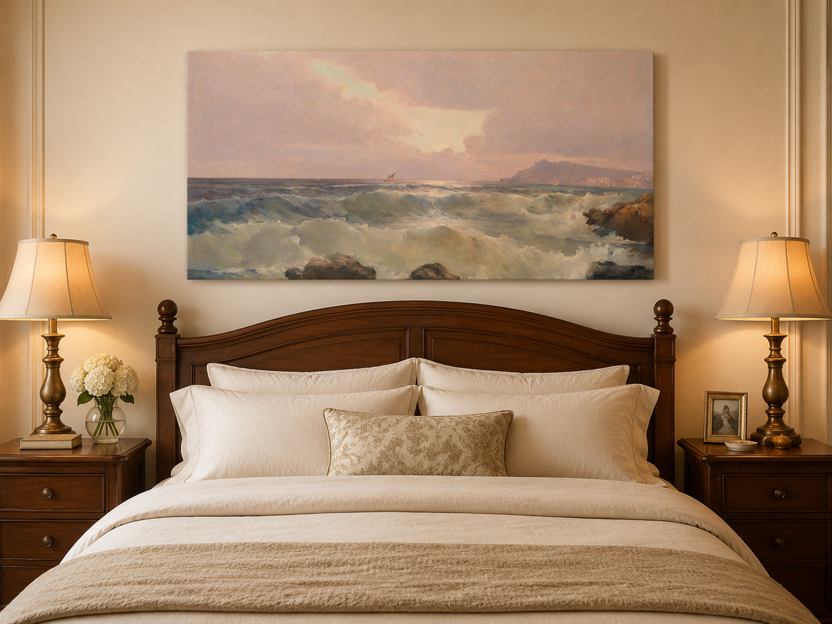 Peinture à l'huile de paysage - Décor océanique et vagues côtières au crépuscule